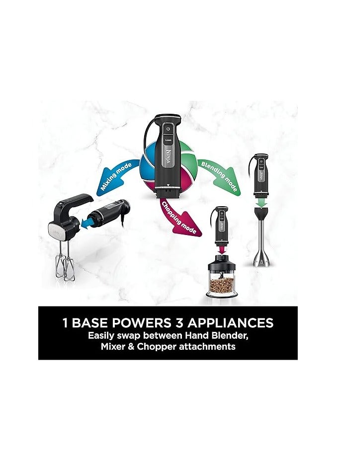 Foodi 3-In-1 HAnd Blender, HAnd Mixer & Chopper, Food Processor With 3 Attachments, 850W Powerbase, Immersion Blender, 5 MixIng Speeds, 2 BlendIng Speeds, 1.5m Cord CI100ME Silver/Black