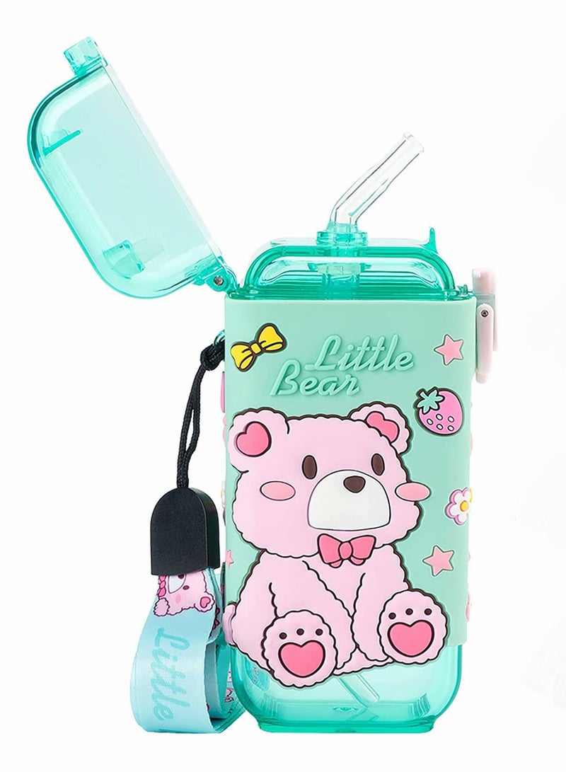 Water Bottles, Kids with Straw Cute Water Bottle, with Lids Shoulder Strap, for School Girls Boys, Reusable Leak Proof Plastic Drink Sport Bottle juice Square Cups Travel Gifts, BPA Free (Bear)