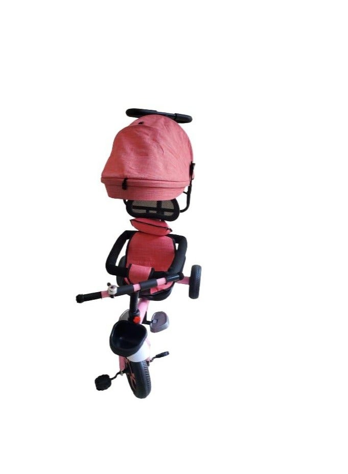 Pushing comfortable baby Tricycle with Sunlight cover, bell, Trike with Pushing Handle, kids Tricycle with Basket and Storage Box, Toddler Tricycle with Footrest and Seat Belt, Pink Colour
