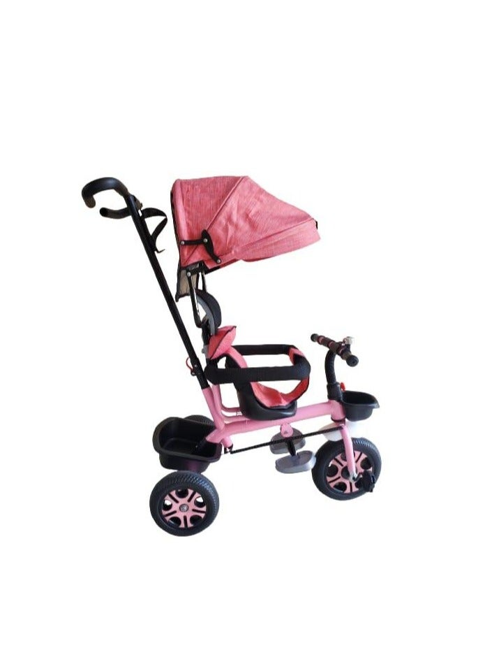 Pushing comfortable baby Tricycle with Sunlight cover, bell, Trike with Pushing Handle, kids Tricycle with Basket and Storage Box, Toddler Tricycle with Footrest and Seat Belt, Pink Colour