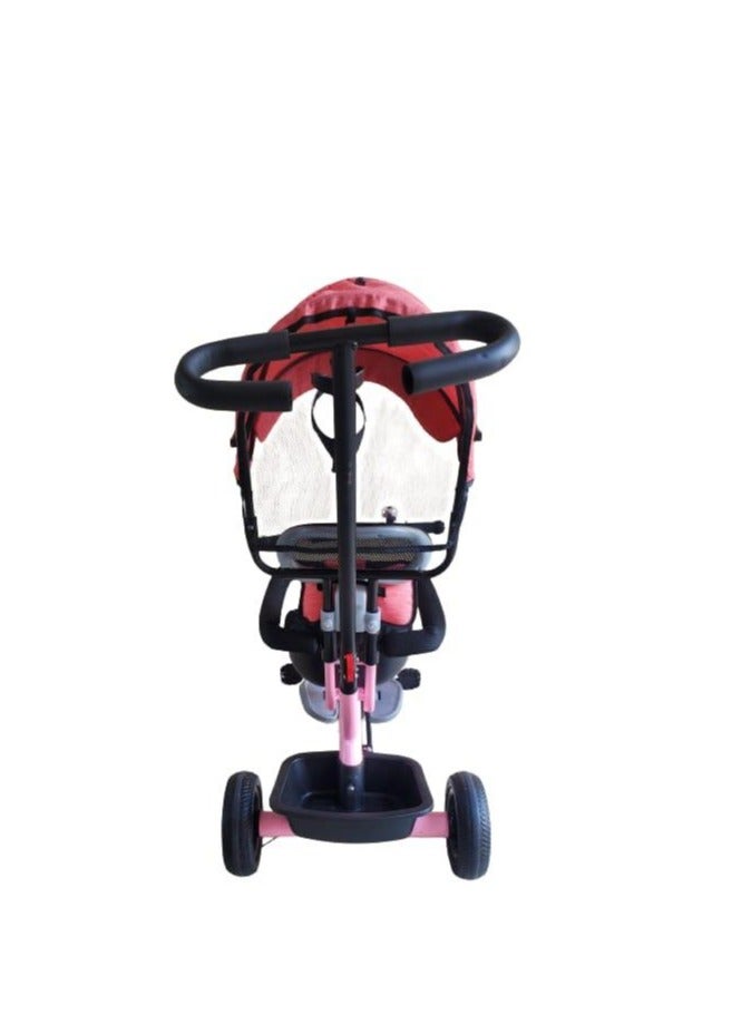 Pushing comfortable baby Tricycle with Sunlight cover, bell, Trike with Pushing Handle, kids Tricycle with Basket and Storage Box, Toddler Tricycle with Footrest and Seat Belt, Pink Colour