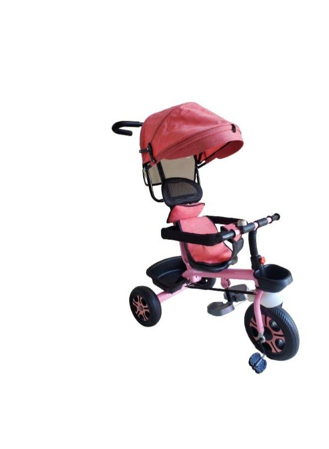 Pushing comfortable baby Tricycle with Sunlight cover, bell, Trike with Pushing Handle, kids Tricycle with Basket and Storage Box, Toddler Tricycle with Footrest and Seat Belt, Pink Colour