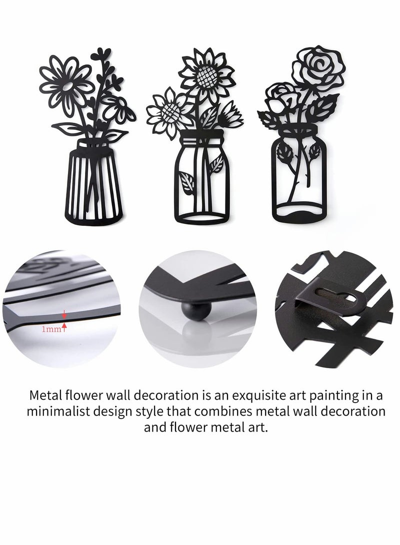 Metal Flowers, Wall Decor, Minimalism, Wall Art Decor, Wall Art, Black Flower Iron Decor, Metal Wall Sculpture, for Patio Balcony Bathroom Decor, Wall Art Bathroom Decor Set of 3