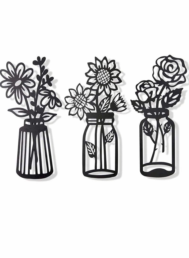 Metal Flowers, Wall Decor, Minimalism, Wall Art Decor, Wall Art, Black Flower Iron Decor, Metal Wall Sculpture, for Patio Balcony Bathroom Decor, Wall Art Bathroom Decor Set of 3