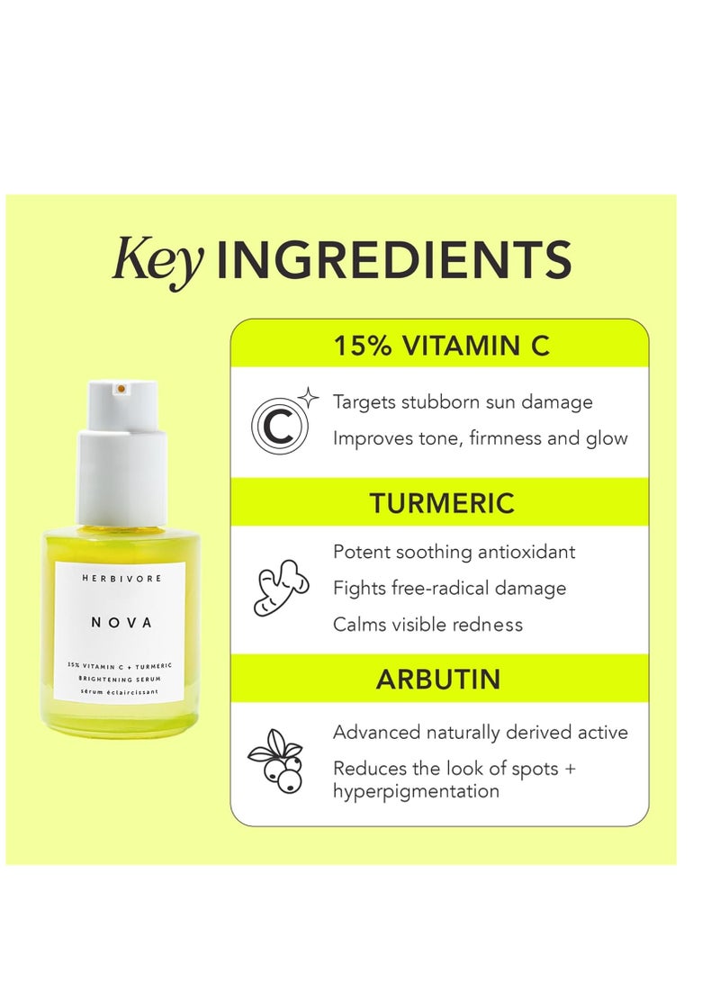 HERBIVORE Nova Brightening Serum for Face – 15% Vitamin C + Turmeric to Visibly Improve the Look of Dark Spots and Even Skin Tone, Plant-based, Vegan, Cruelty-free, 30mL /1 oz