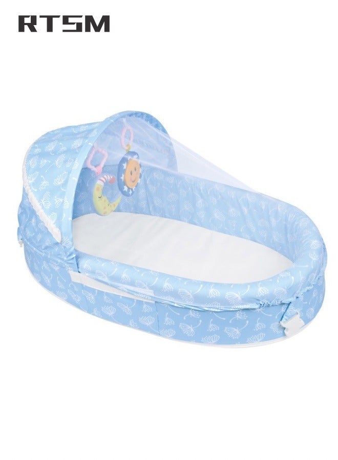 Portable Cozy Folding Baby Bed with Light Weight Portable Mosquito Net Roof with Soothing Sounds Blue