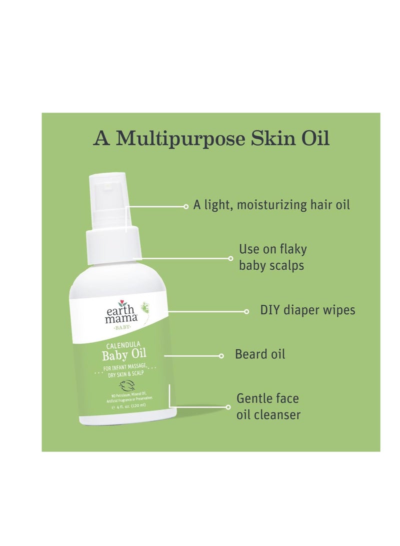 Earth Mama Calendula Baby Oil | Massage Oil for Newborn Skin Care, Dry Skin & Scalp Moisturizer, Fragrance Free, 4-Fluid Ounce