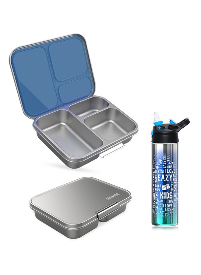 Eazy Kids 3 Compartment Bento Steel Lunch Box with Stainless Steel 530ml Water Bottle - Blue