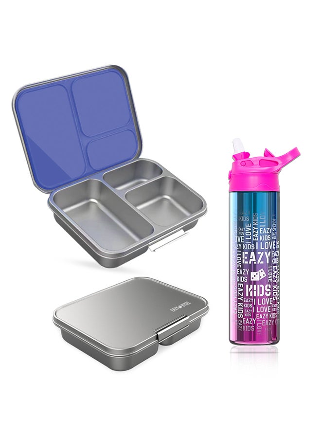 3 Compartment Bento Steel Lunch Box With Stainless Steel 530Ml Water Bottle - Purple