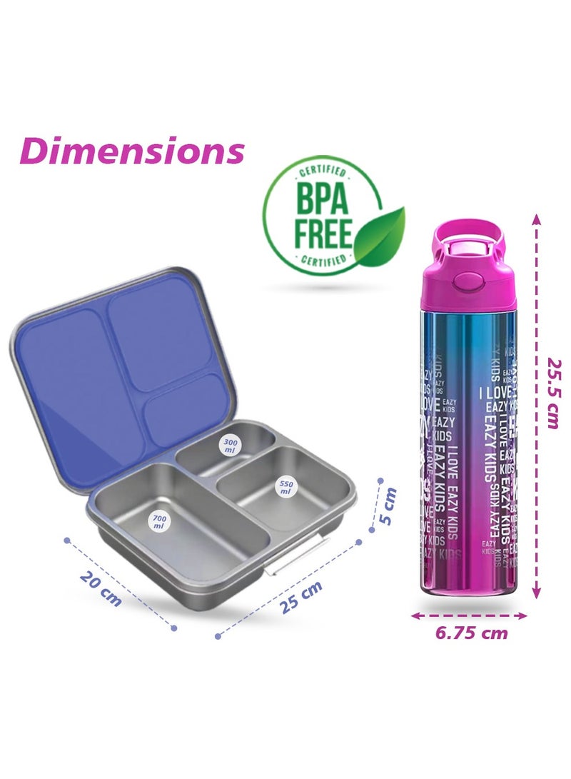 3 Compartment Bento Steel Lunch Box With Stainless Steel 530Ml Water Bottle - Purple