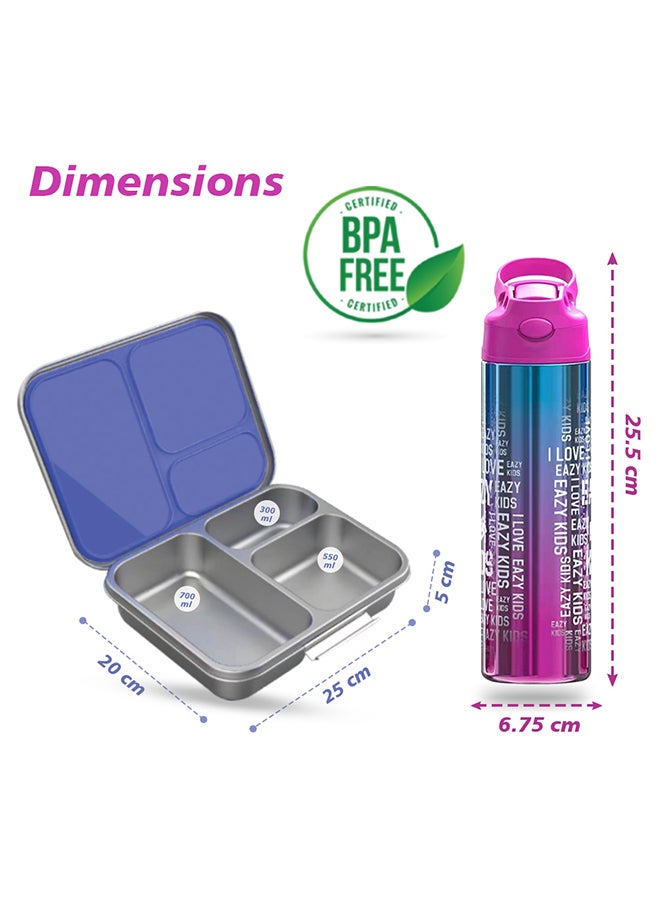 3 Compartment Bento Steel Lunch Box With Stainless Steel 530Ml Water Bottle - Purple