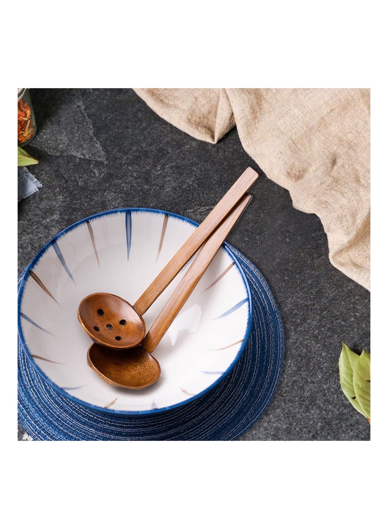 Wooden Spoon Set, 2Pcs Long Handle Soup Spoon Ramen Spoon, Slotted Spoons for Cooking, Natural Teak Kitchen Utensil