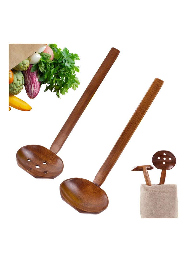 Wooden Spoon Set, 2Pcs Long Handle Soup Spoon Ramen Spoon, Slotted Spoons for Cooking, Natural Teak Kitchen Utensil