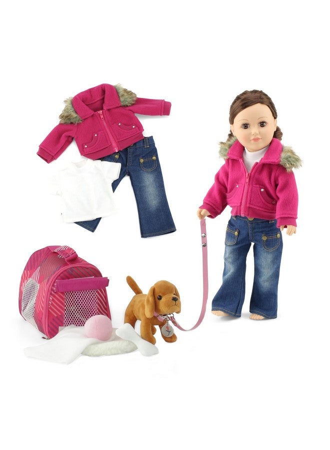 18Inch Doll Clothes & Accessories Play Set 3Pc Faux Fur Collar Jacket Coat Outfit With 18 Doll White Tshirt And Distressed Jeans Bundled With 9Pc Toy Puppy Set Accessory For Kids