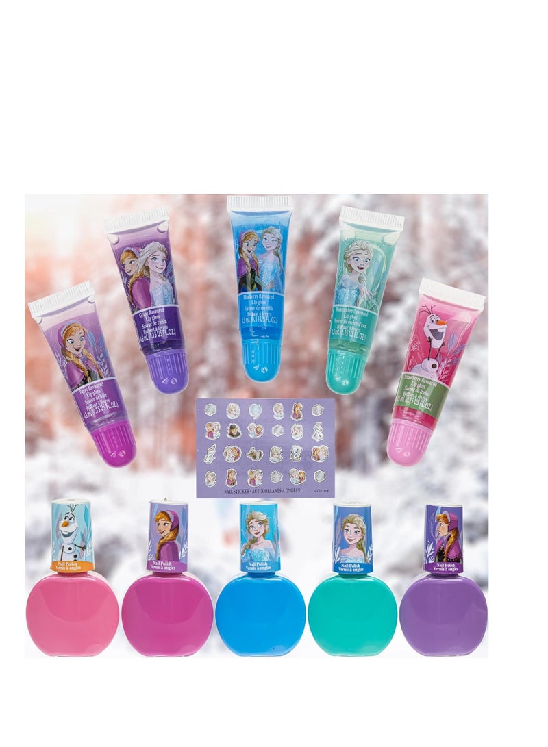 Disney Frozen 2 - Townley Girl Super Sparkly Cosmetic Makeup Set for Girls with Lip Gloss Nail Polish Nail Stickers - 11 Pcs|Perfect for Parties Sleepovers Makeovers| Birthday Gift for Girls 3 Yrs+