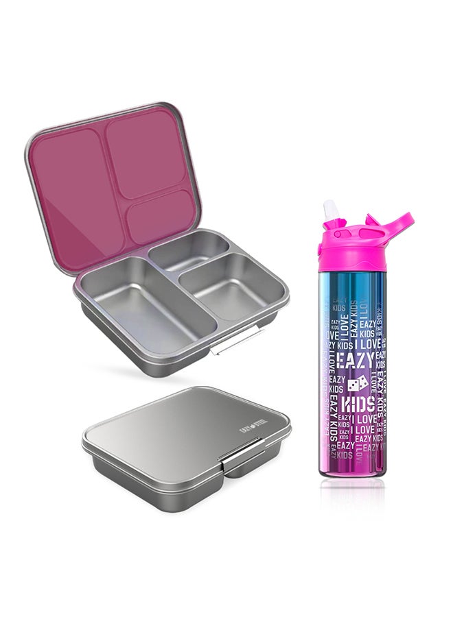 Eazy Kids 3 Compartment Bento Steel Lunch Box with Stainless Steel 530ml Water Bottle - Pink