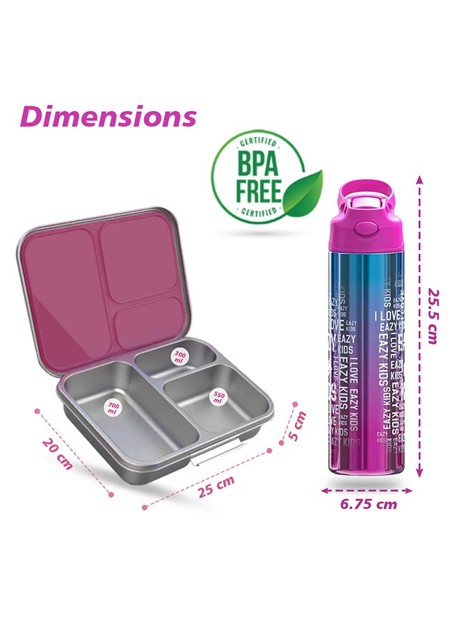 Eazy Kids 3 Compartment Bento Steel Lunch Box with Stainless Steel 530ml Water Bottle - Pink