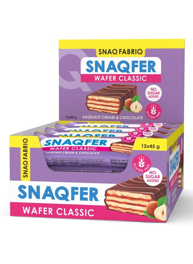 Snaqfer Wafer with Hazelnut Cream and Chocolate Flavor, Gluten Free and No Sugar Added 12x45g