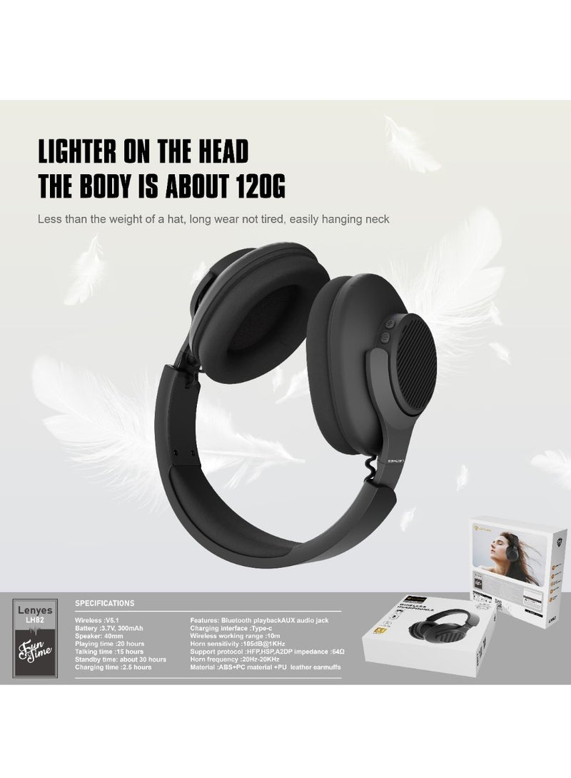Lenyes LH82 Wireless On-Ear Headphones - 3D listening position zero latency - 20H Battery - Speed Charge  - Foldable Black