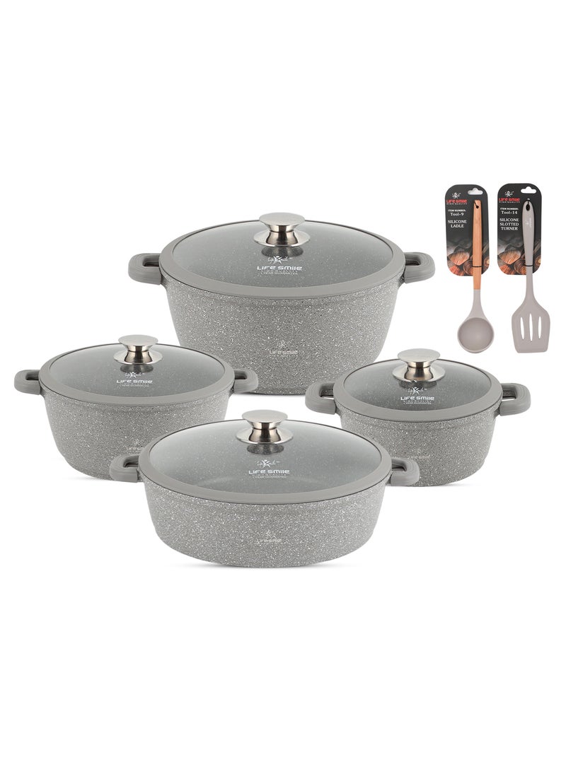 Non Stick Cookware Set - 18 Pieces Pots and Pan set Granite Non Stick Coating 100% PFOA FREE, Induction Base Cooking Set with Removable Silicone Handles - Oven Safe (Grey)