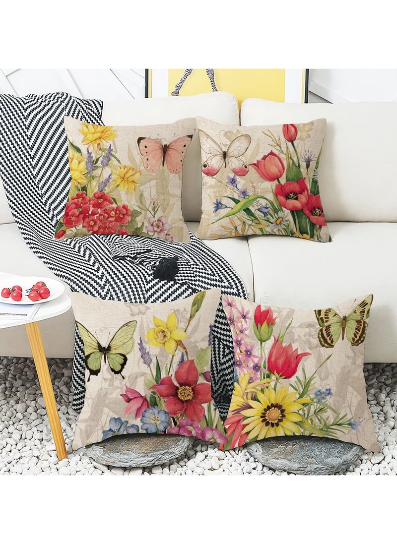 Throw Pillow Covers, 4Pcs Square Decorative Spring Pillow Covers, Soft Linen Print Flower Butterfly Pillowcases for Sofa Couch Living Room Outdoor (18 x 18inch)