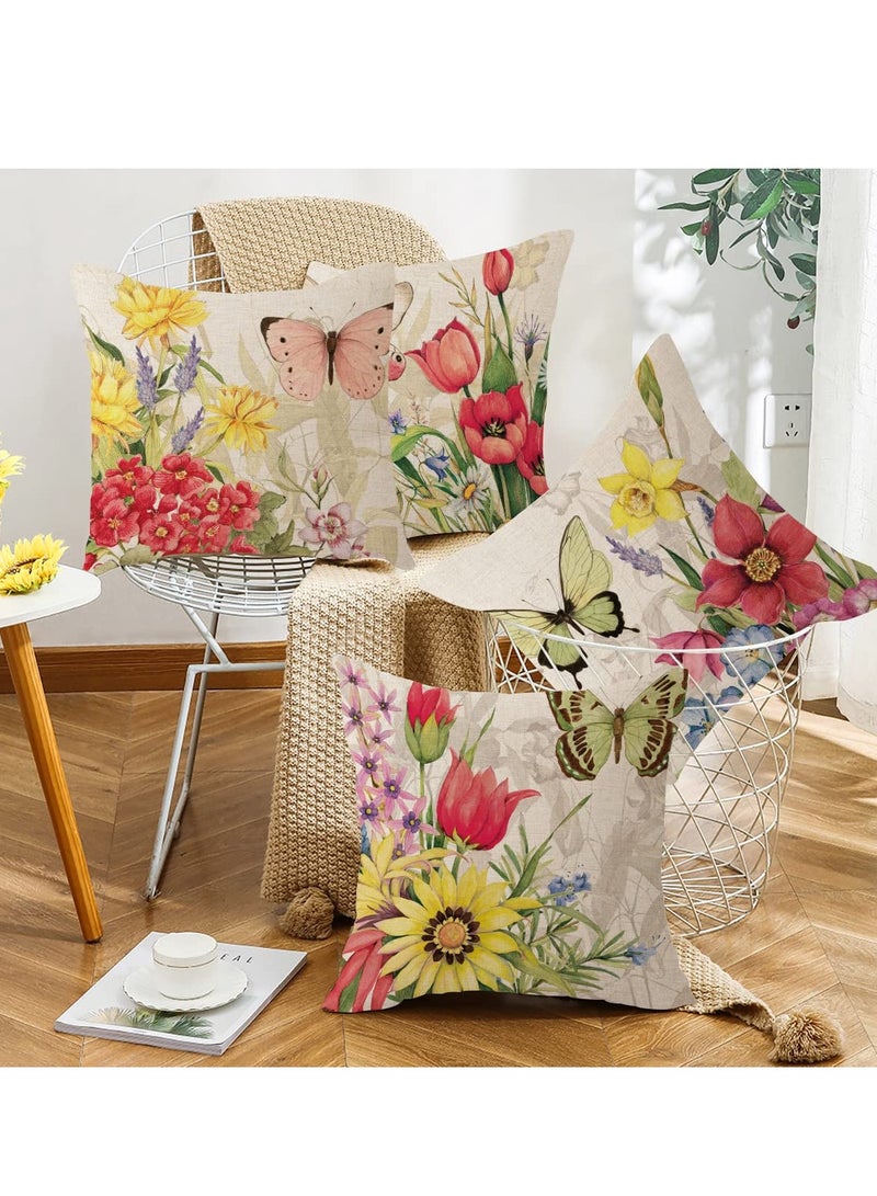 Throw Pillow Covers, 4Pcs Square Decorative Spring Pillow Covers, Soft Linen Print Flower Butterfly Pillowcases for Sofa Couch Living Room Outdoor (18 x 18inch)