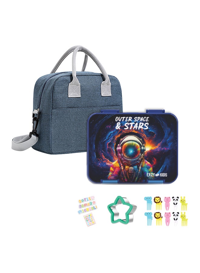 Eazy Kids 6 & 4 Convertible Bento Lunch Box with Lunch Bag and Sandwich Cutter Set - Outer Space Blue