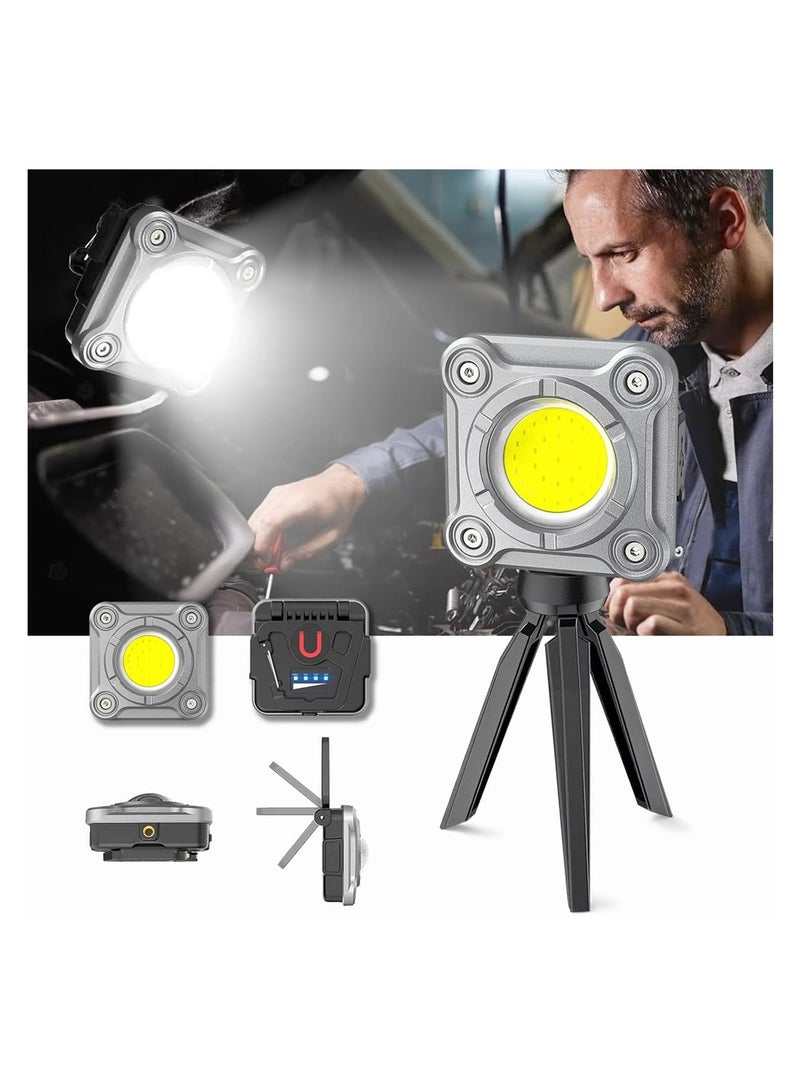 Rechargeable LED Work Light, 2000 Lumens, Magnetic Base, 3 Light Modes, COB Flood Light with Tripod, 180° Rotation, Portable Cordless Light for Car Repair, Fishing