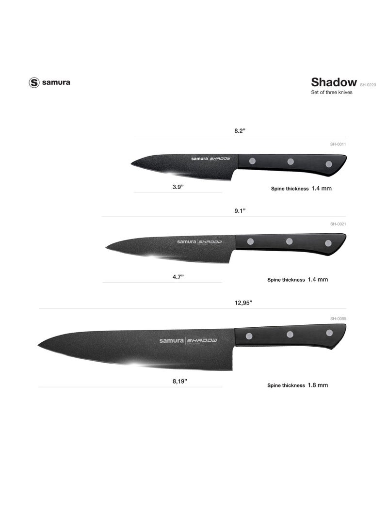 Samura SHADOW Set of 3 Kitchen Knives | Chef's Knife, Utility Knife, Paring Knife | AUS-8 Stainless steel with Black Non-Stick Coating | ABS Plastic Handle | Durable | Heat Resistant | Comfortable