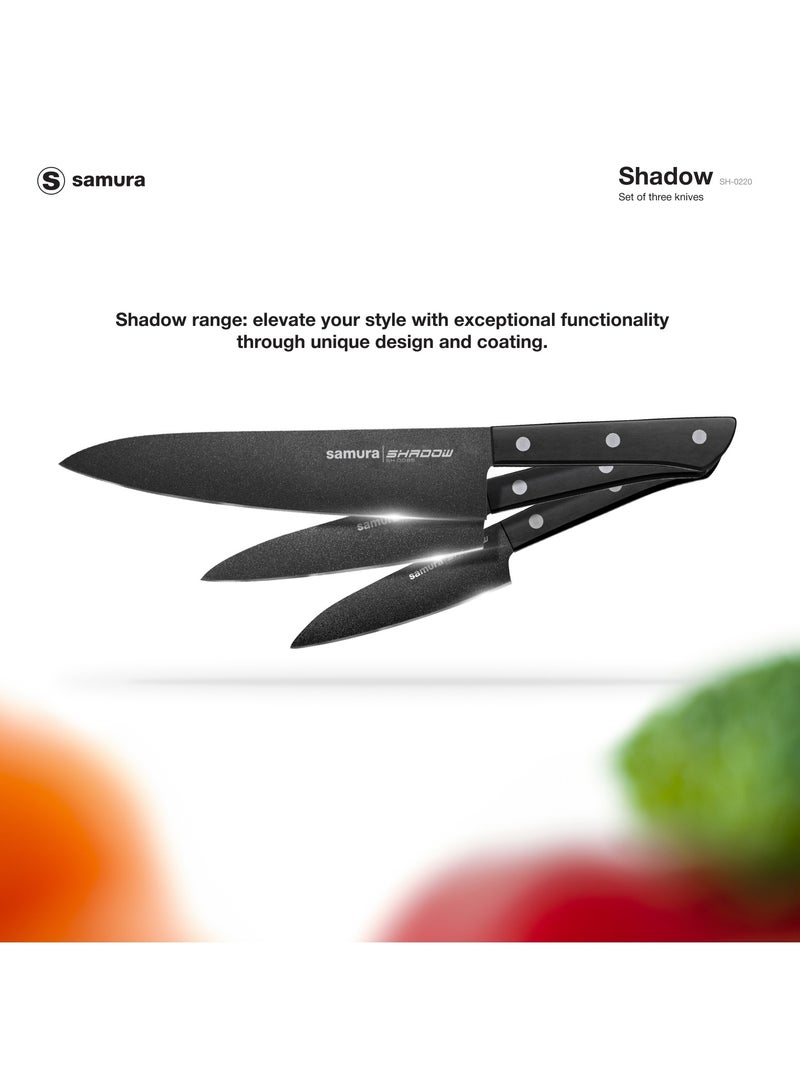 Samura SHADOW Set of 3 Kitchen Knives | Chef's Knife, Utility Knife, Paring Knife | AUS-8 Stainless steel with Black Non-Stick Coating | ABS Plastic Handle | Durable | Heat Resistant | Comfortable