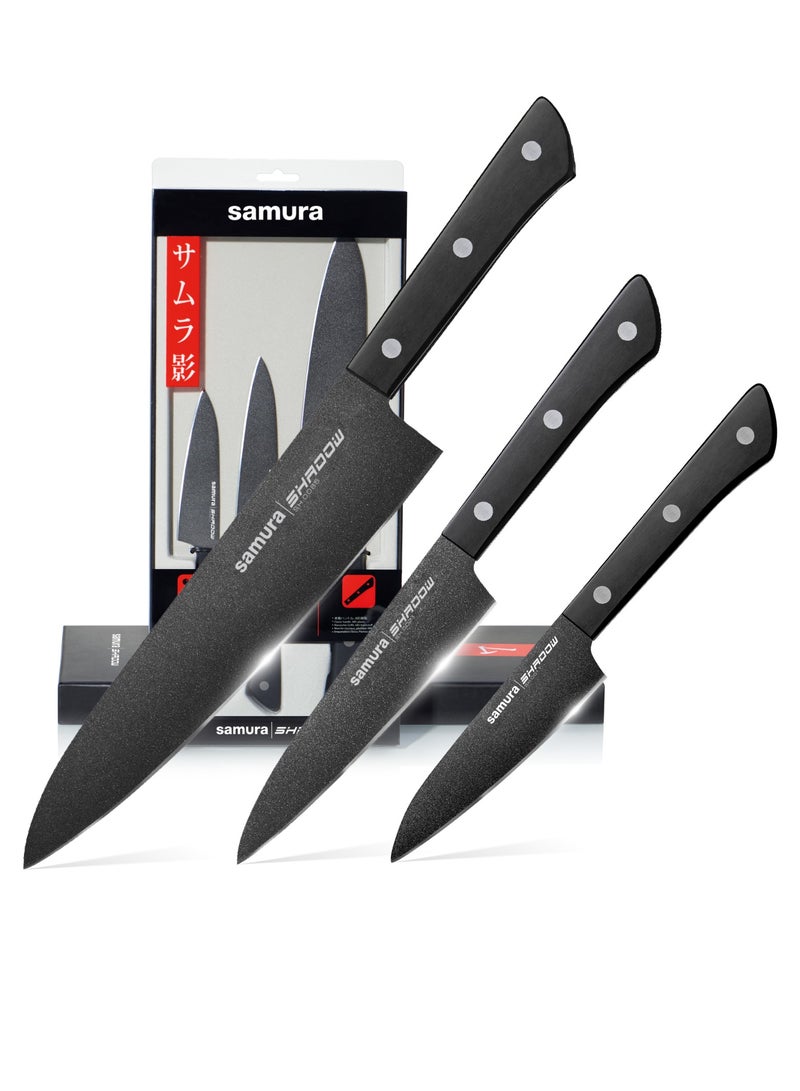 Samura SHADOW Set of 3 Kitchen Knives | Chef's Knife, Utility Knife, Paring Knife | AUS-8 Stainless steel with Black Non-Stick Coating | ABS Plastic Handle | Durable | Heat Resistant | Comfortable