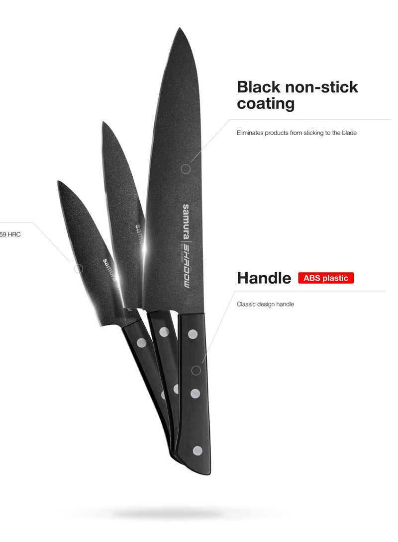 Samura SHADOW Set of 3 Kitchen Knives | Chef's Knife, Utility Knife, Paring Knife | AUS-8 Stainless steel with Black Non-Stick Coating | ABS Plastic Handle | Durable | Heat Resistant | Comfortable