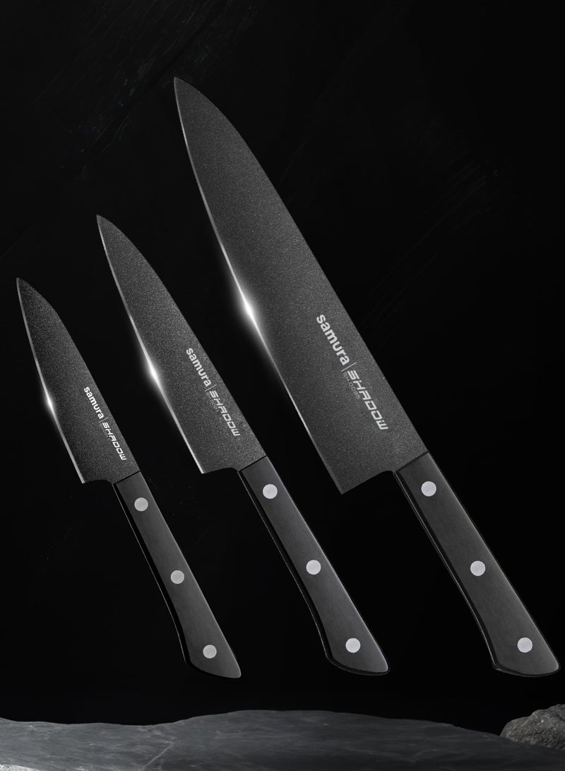 Samura SHADOW Set of 3 Kitchen Knives | Chef's Knife, Utility Knife, Paring Knife | AUS-8 Stainless steel with Black Non-Stick Coating | ABS Plastic Handle | Durable | Heat Resistant | Comfortable