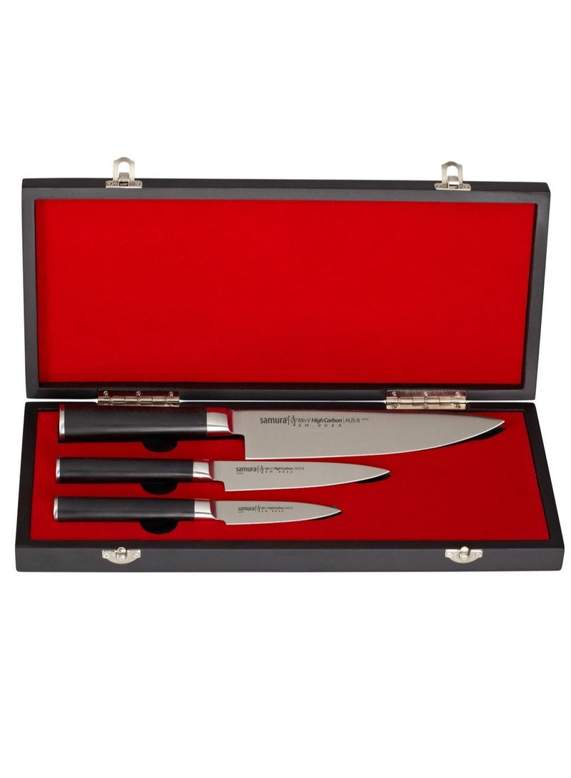 Samura MO-V Set of 3 Kitchen Knives | Gift Box | G-10 Handle with Stainless Steel Bolster | Single-Layer Molybdenum-Vanadium Steel | Precision Cutting | Corrosion Resistant