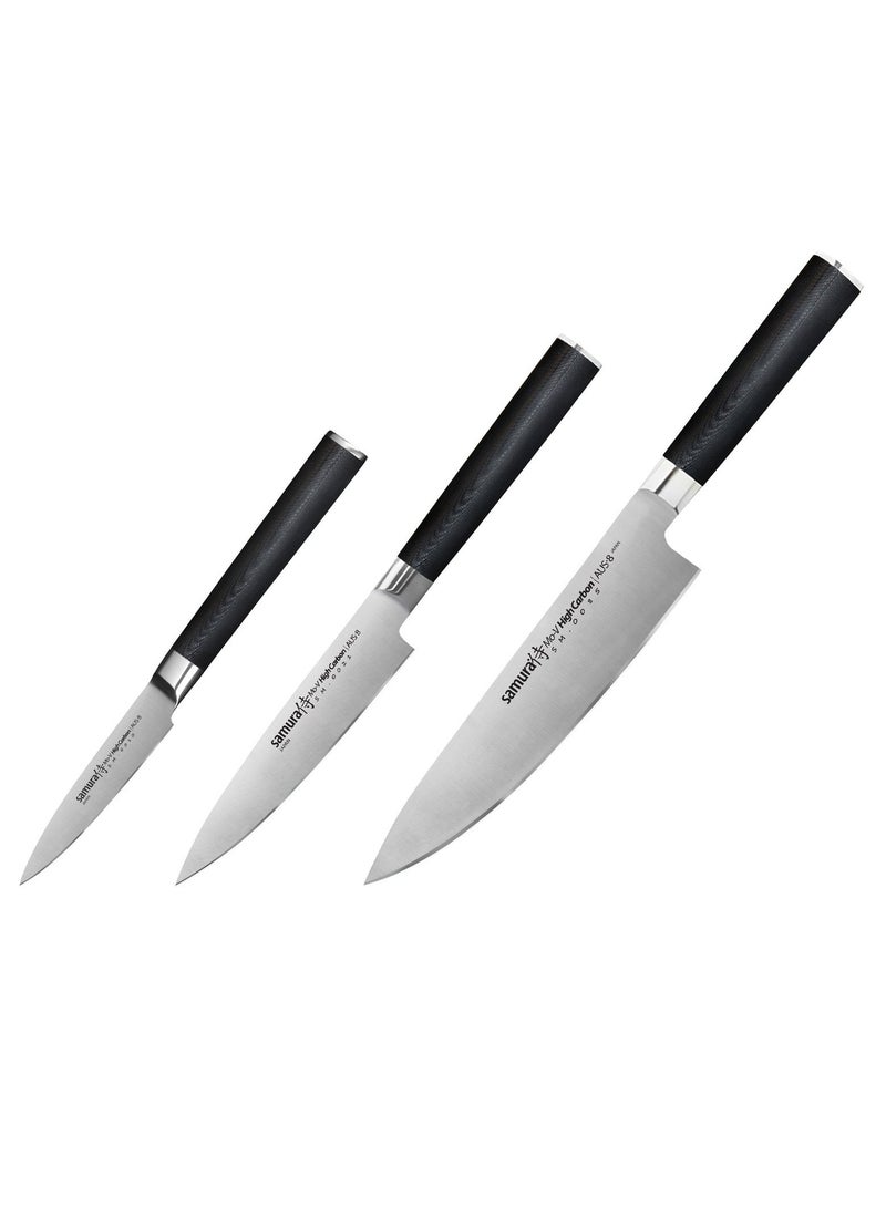 Samura MO-V Set of 3 Kitchen Knives | Gift Box | G-10 Handle with Stainless Steel Bolster | Single-Layer Molybdenum-Vanadium Steel | Precision Cutting | Corrosion Resistant