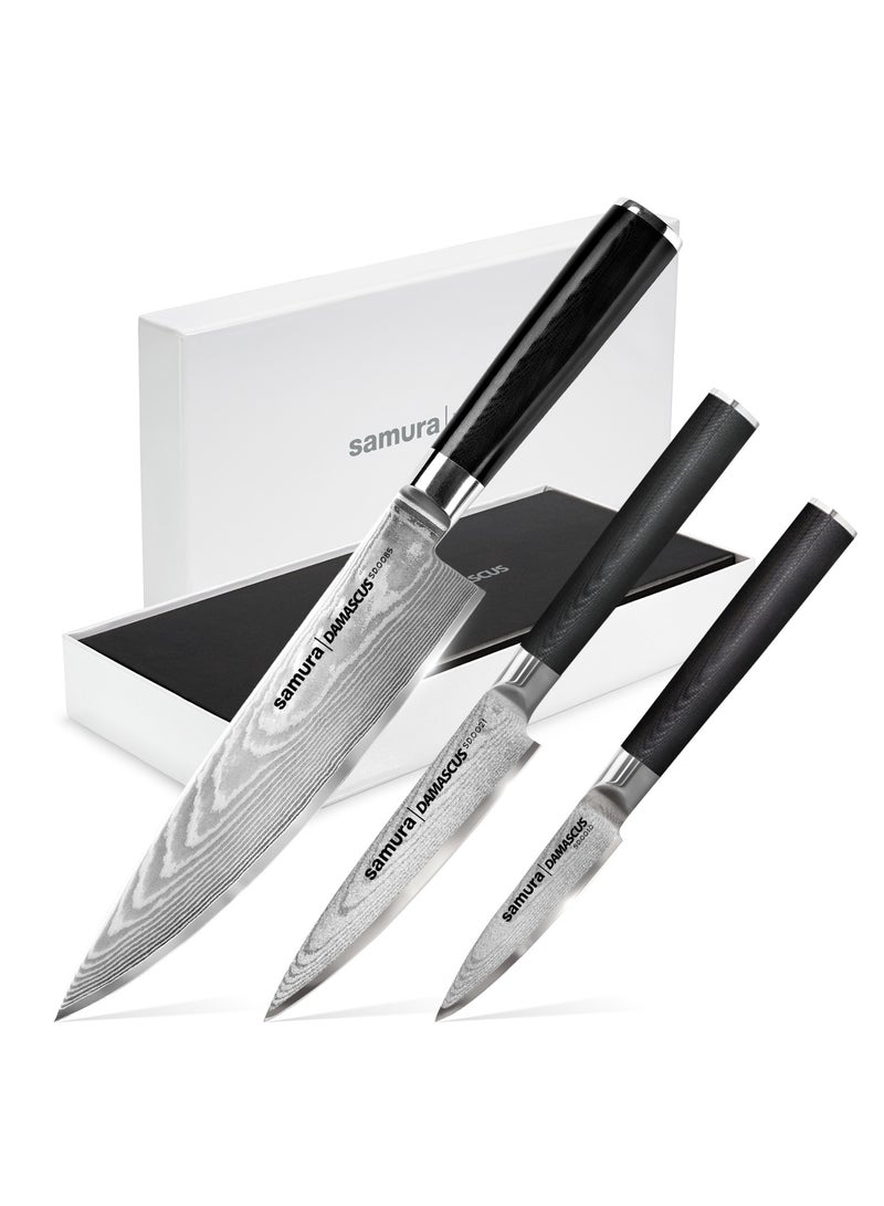 Samura Damascus  Knife Set of 3 Gift Box | Paring Knife, Utility Knife, Chef's Knife | Ergonomic G-10 handle with  Steel Bolster | Damascus Steel Blade | Durable | Better Control | Precision Cutting