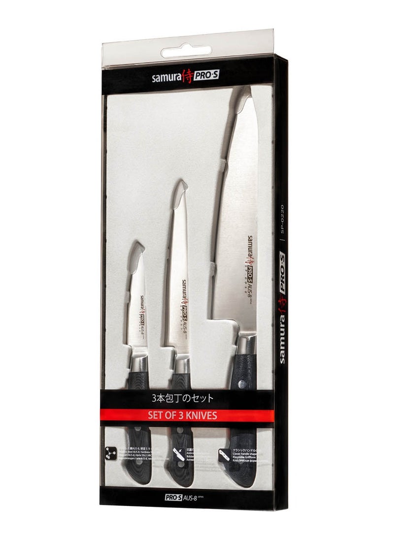 Samura PRO-S Set of 3 Kitchen Knives | Paring Knife, Utility Knife, Chef's Knife | AUS-8 Stainless Steel Blade | G-10 Fiberglass Polymer Handle | Thick, Wide, Long Blade with Central Tip