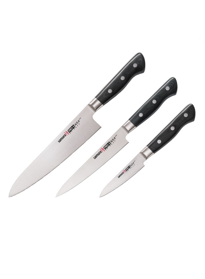 Samura PRO-S Set of 3 Kitchen Knives | Paring Knife, Utility Knife, Chef's Knife | AUS-8 Stainless Steel Blade | G-10 Fiberglass Polymer Handle | Thick, Wide, Long Blade with Central Tip