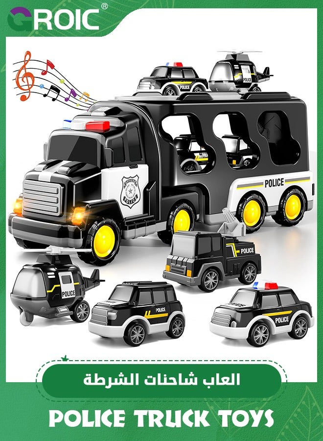 Police Truck Toys Toddlers,5 in 1 Truck Friction Power Toy Car,Emergency Vehicle, Police Car Toy,Carrier Truck Toys for Kids,Toy Car Set