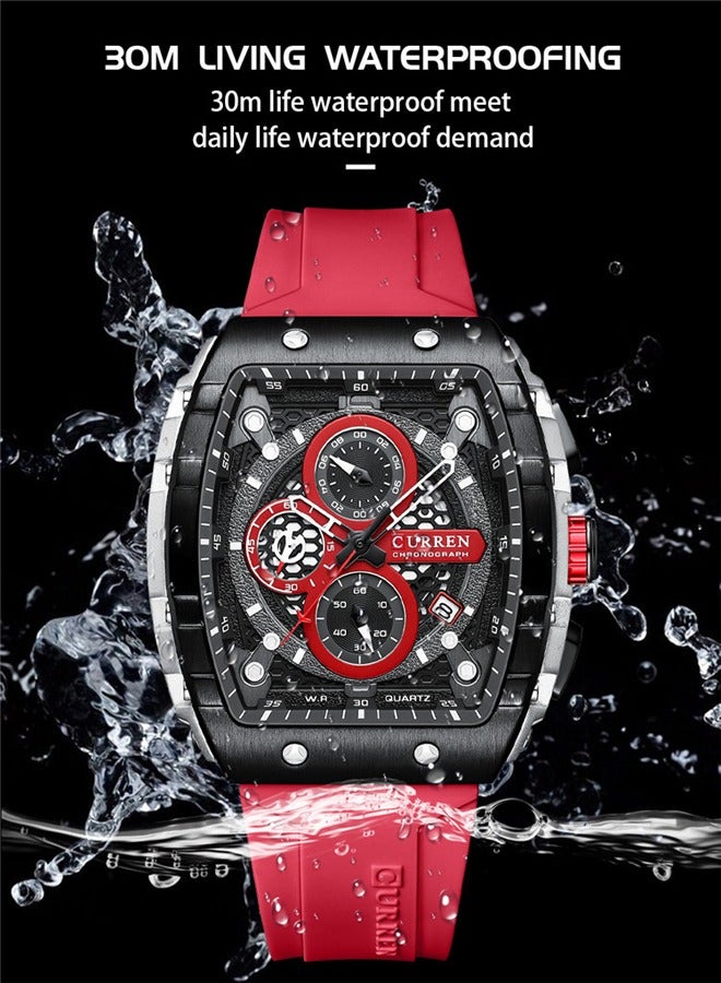 Luxury Six-Pin Water Resistant Stainless Steel Men's Chronograph Square Wristwatch with Silicone Strap