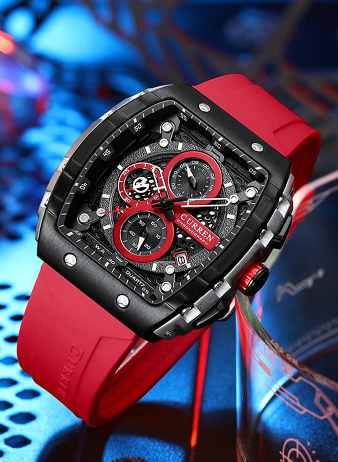 Luxury Six-Pin Water Resistant Stainless Steel Men's Chronograph Square Wristwatch with Silicone Strap