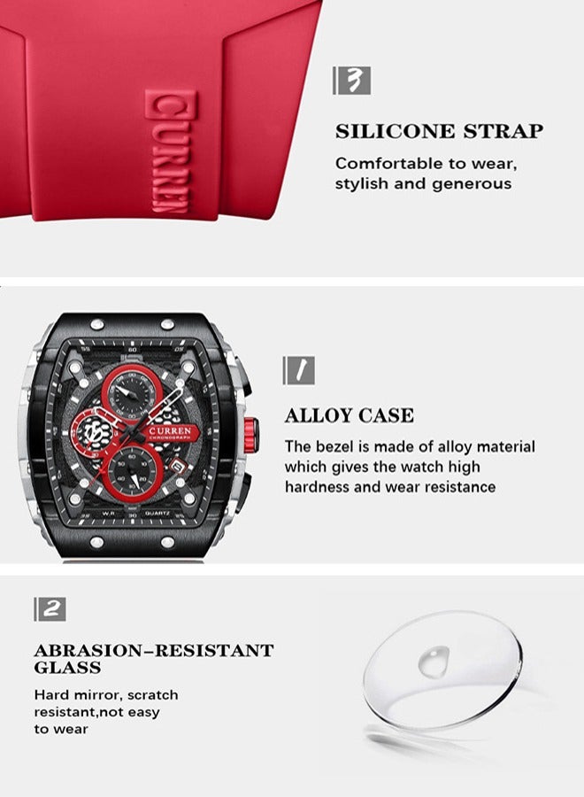 Luxury Six-Pin Water Resistant Stainless Steel Men's Chronograph Square Wristwatch with Silicone Strap