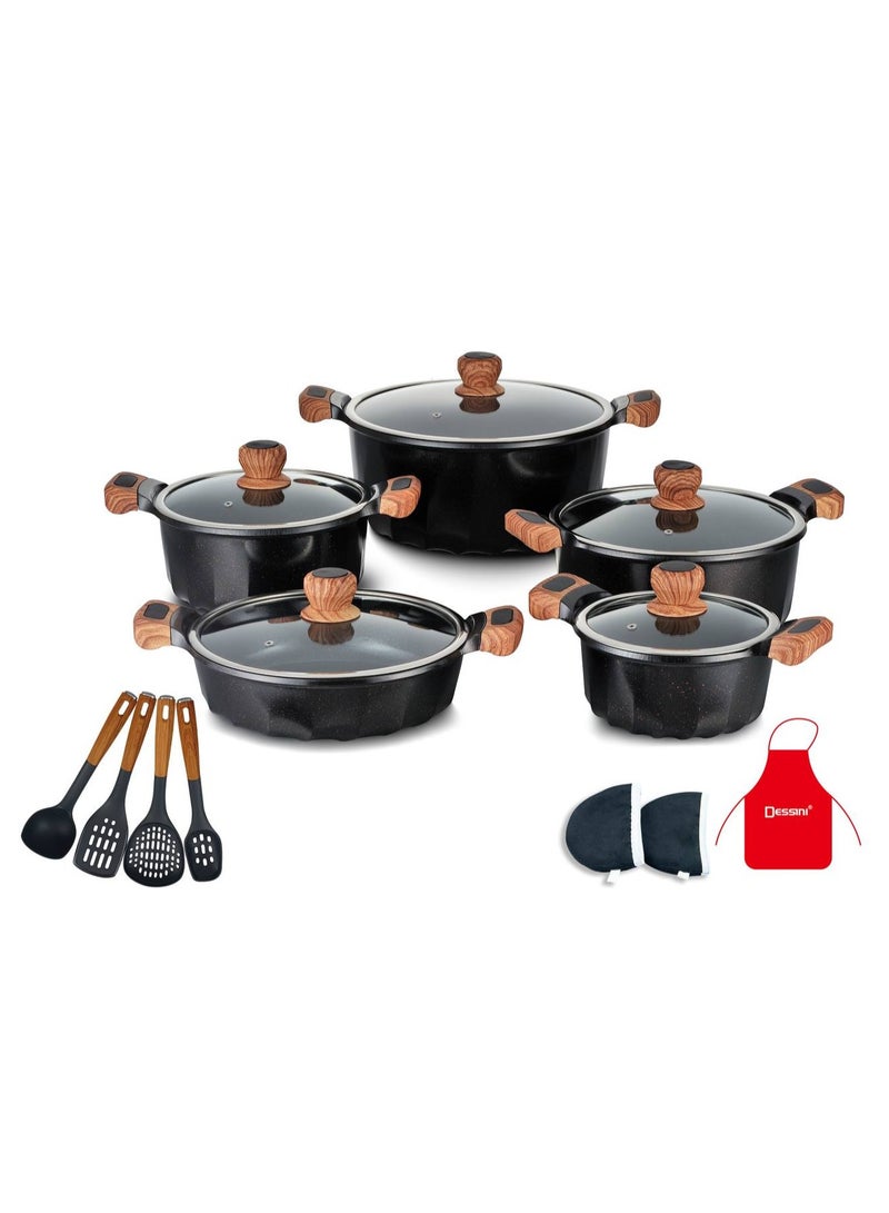 17Piece Non Stick Granite Cookware Set 20/24/28/32Cm Casserole, 28Cm Shallow Casserole- PFOA Free - 2020 black