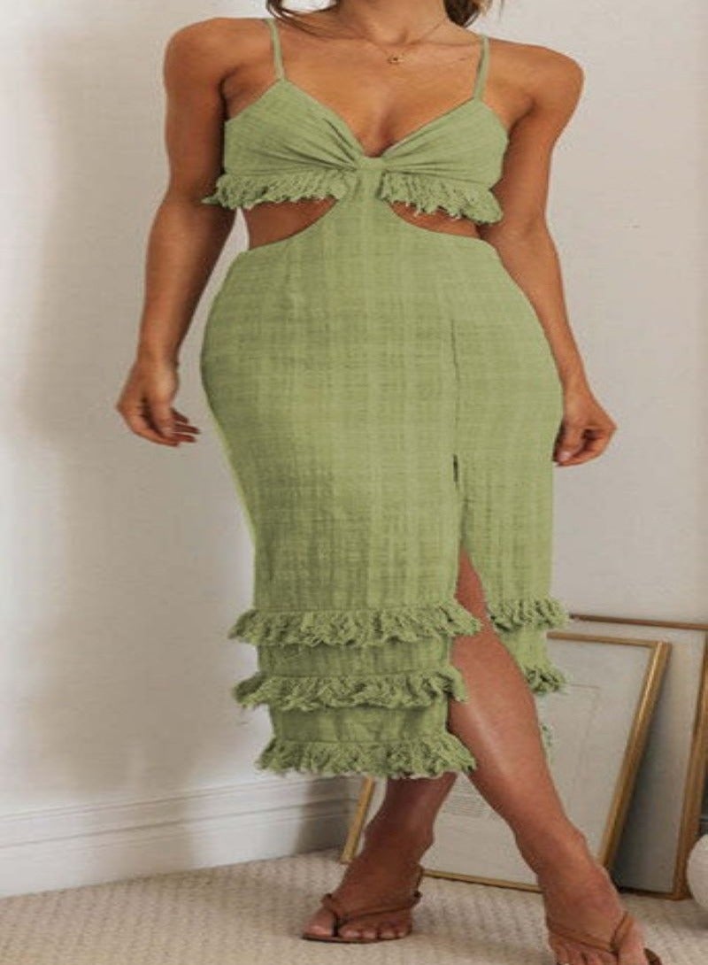 Green Embellished Plunge Neck Midi Dress