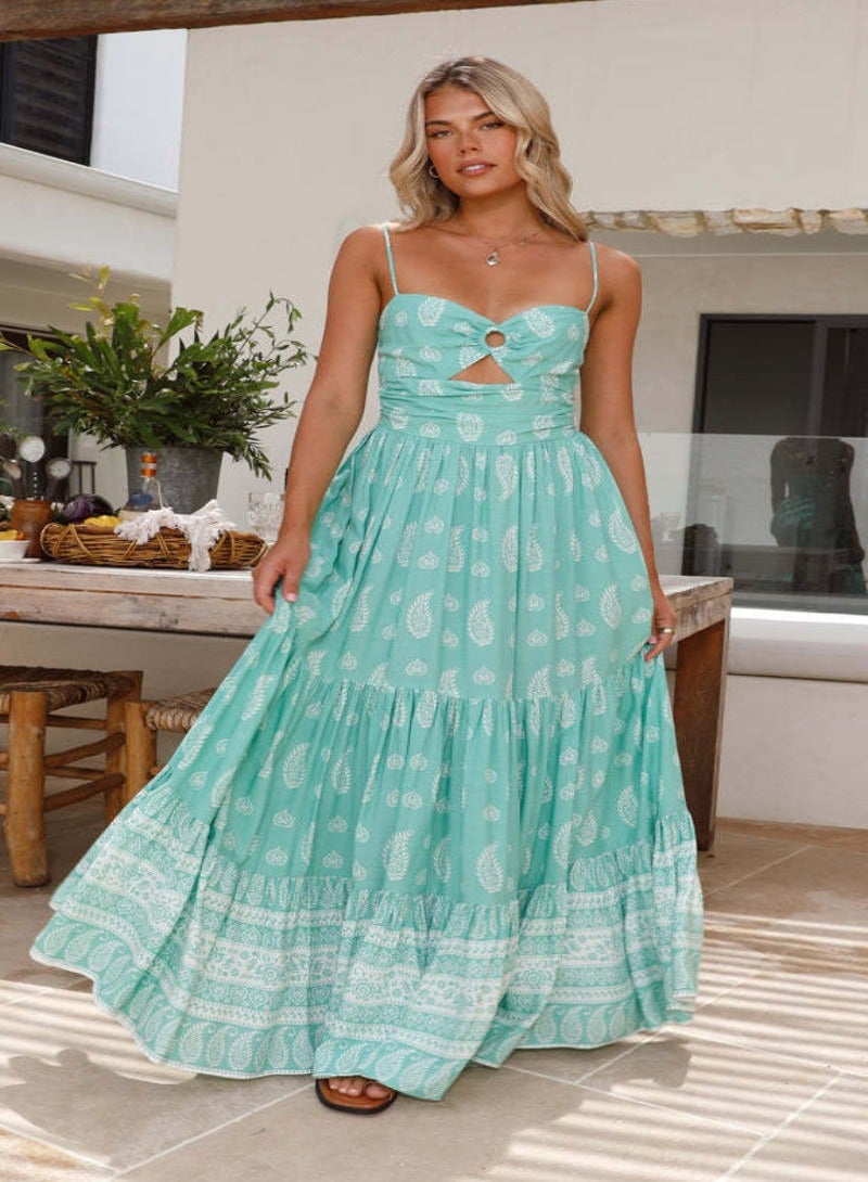 Green Paisley Sweetheart Neck Maxi Dress