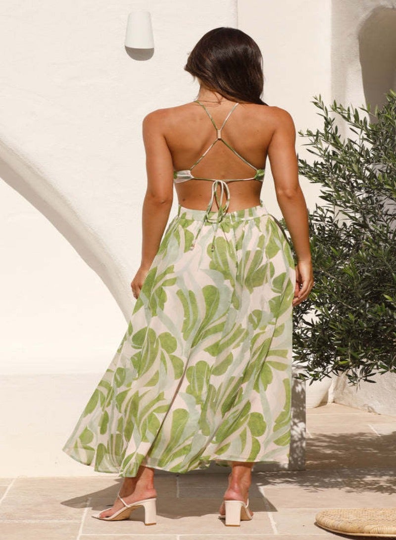 Green Printed Halter Neck Maxi Dress