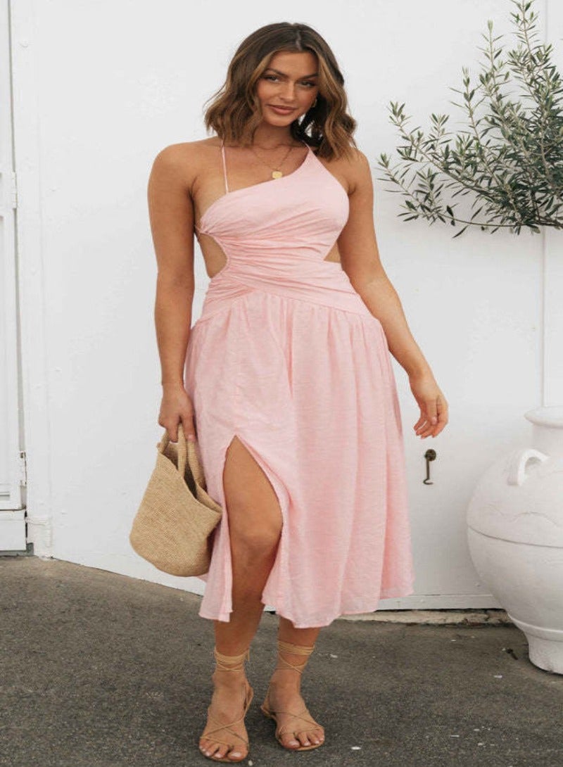 Pink Plain/Basic Asymmetric Neck Midi Dress