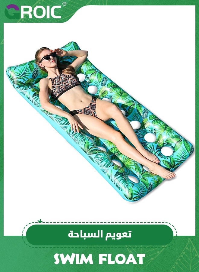 Inflatable Pool Float Lounger Raft for Adults Floaties Oversized Headrest Cup Holder Cooling Summer Swimming Floating Mat, Tanning Pool Float with Headrest, Pool Lounger Inflatable Pool Chairs