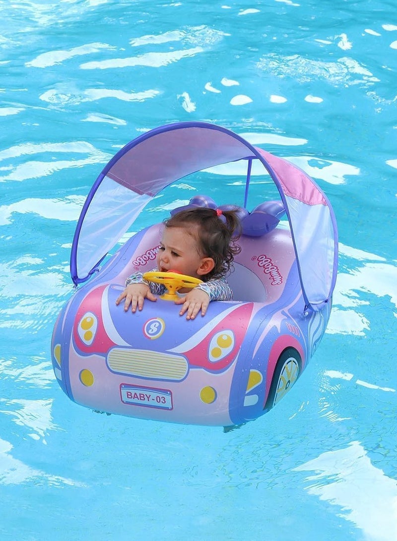 Baby Swimming Inflatable Float with Sun Protection Canopy Children Waist Ring Pool Floats add Tail no flip Over Swim Trainer for Infants Swimming Buoy (Purple Sports Car Swimming Ring)