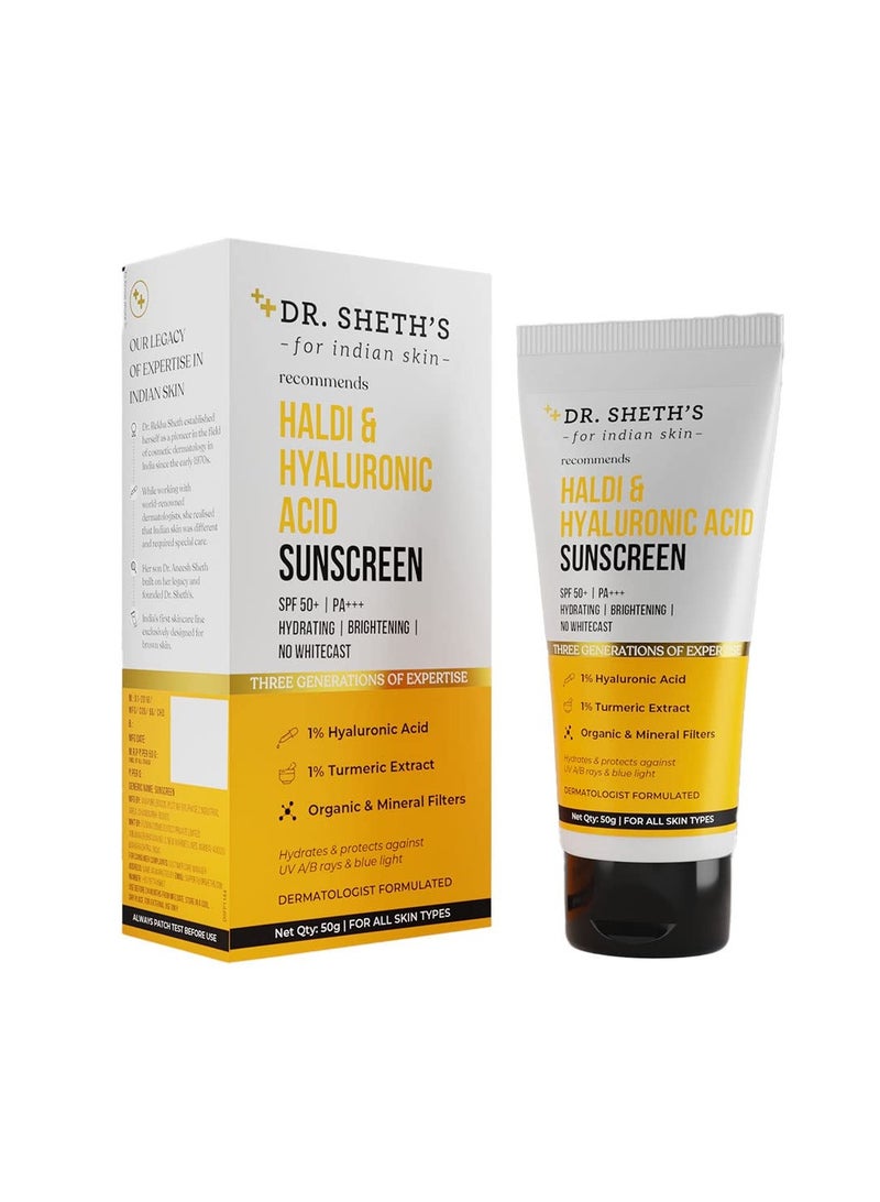 Dr. Sheth's Haldi & Hyaluronic Acid Sunscreen with 1% Hyaluronic Acid & 1% Turmeric Extract | Spf 50+ | PA+++ | Hydrating & Brightening For Women & Men -50g